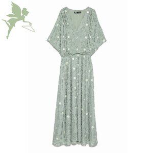 ZARA Textured Sage Green Polka Dot Feminine Dress